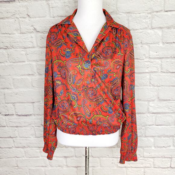 Vintage 70s Lady Arrow Bold Red Paisley Polyester Blouse Smocked Bottom Fits M/L - Picture 1 of 12